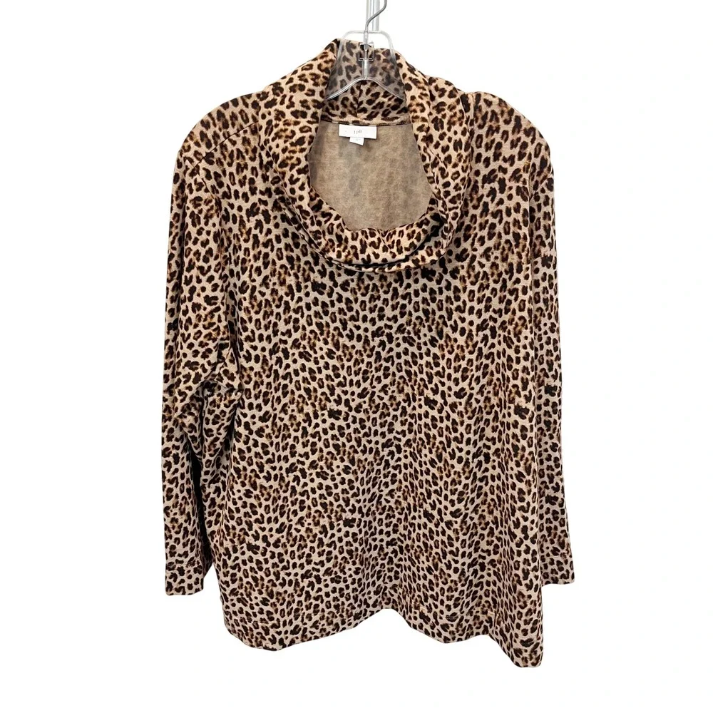 J. Jill Leopard Print Cowl Neck Tunic Top Brown Animal Print Long Sleeve Size 2X